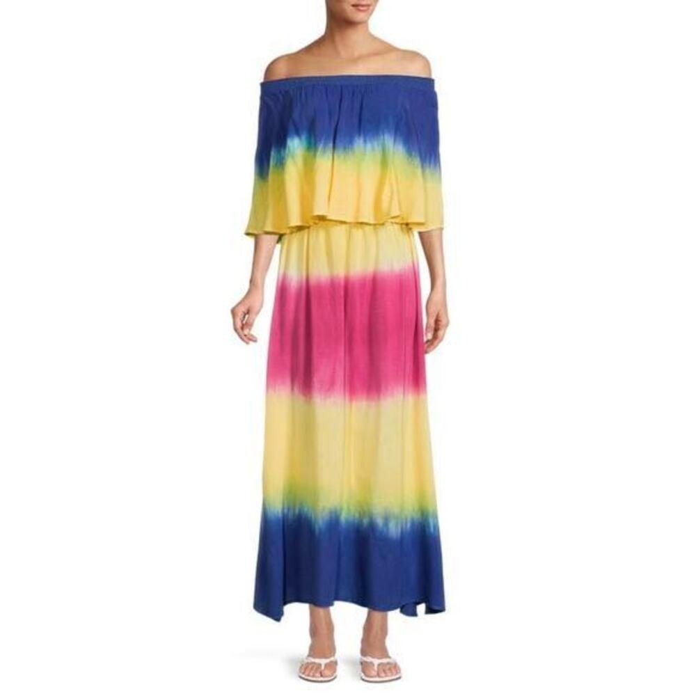 Area‎ Stars Ombre Off Shoulder Maxi Dress Multi Tie Dye Viscose Slit NWT Size M